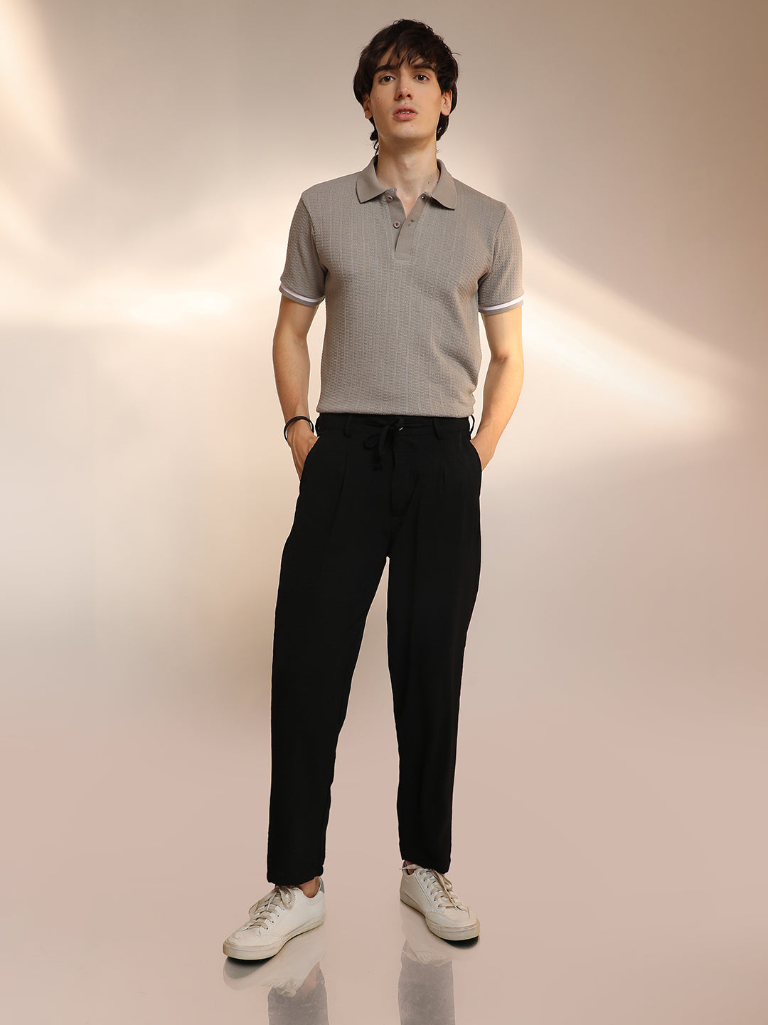 Mens Obsidian Black Solid Pleated Trousers