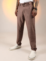Mens Ash Brown Solid Pleated Trousers