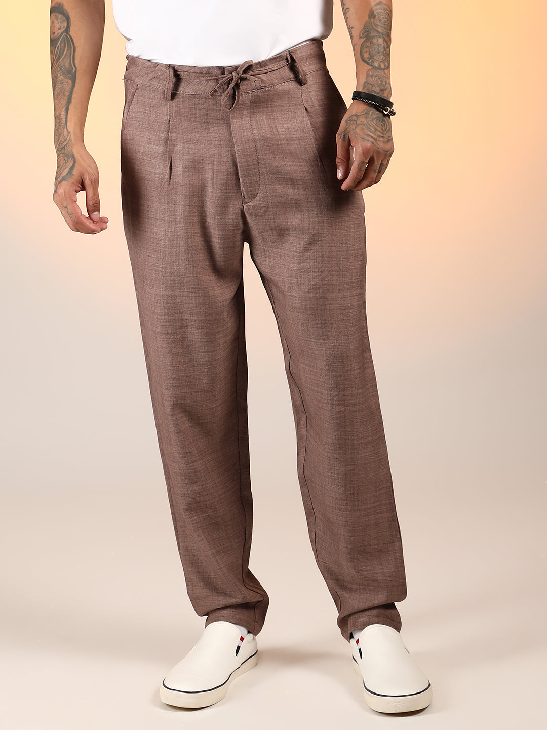 Mens Ash Brown Solid Pleated Trousers