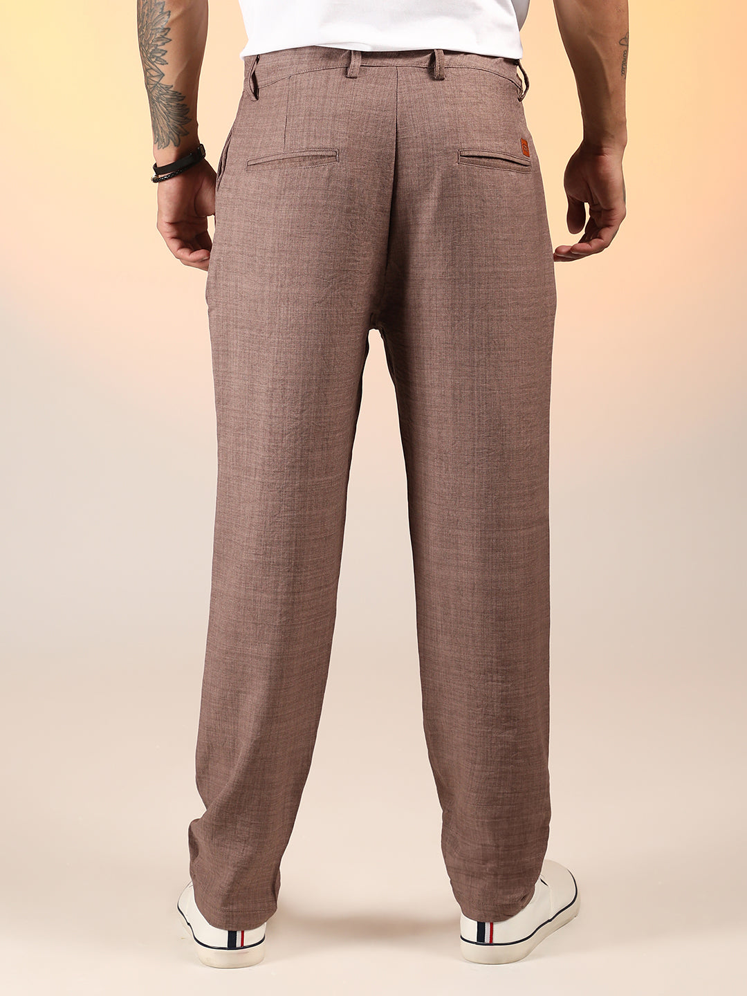 Mens Ash Brown Solid Pleated Trousers