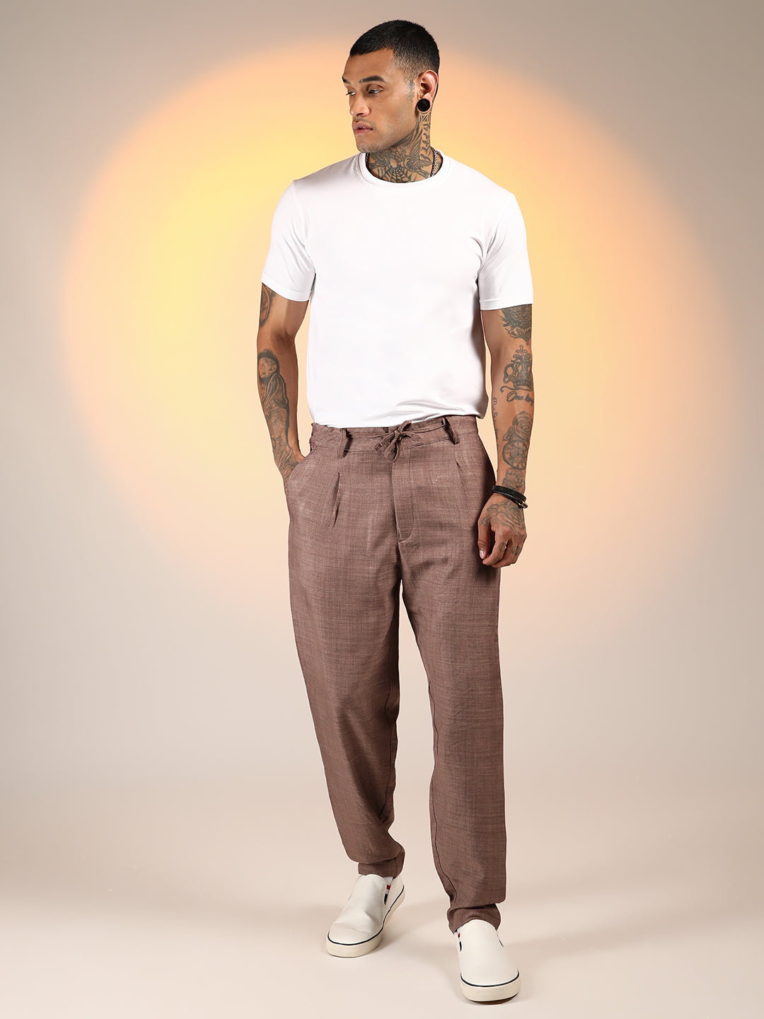 Mens Ash Brown Solid Pleated Trousers