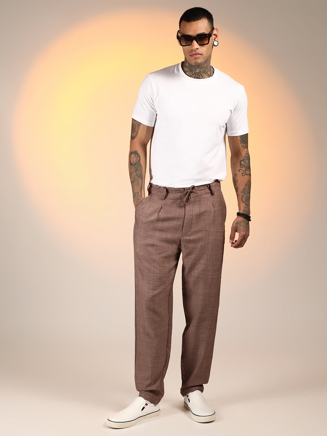 Mens Ash Brown Solid Pleated Trousers