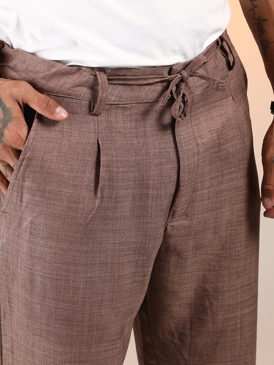 Mens Ash Brown Solid Pleated Trousers