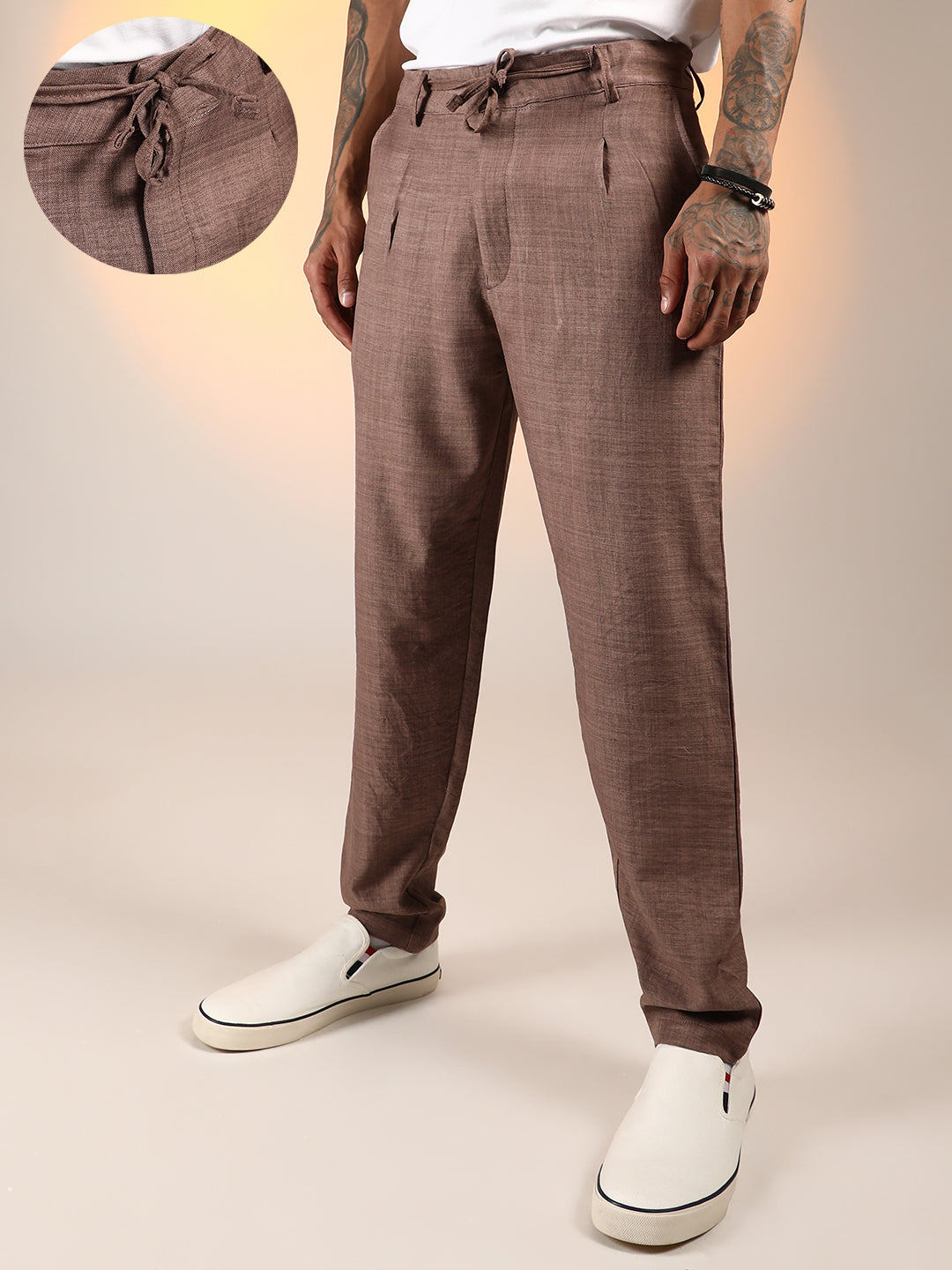 Mens Ash Brown Solid Pleated Trousers