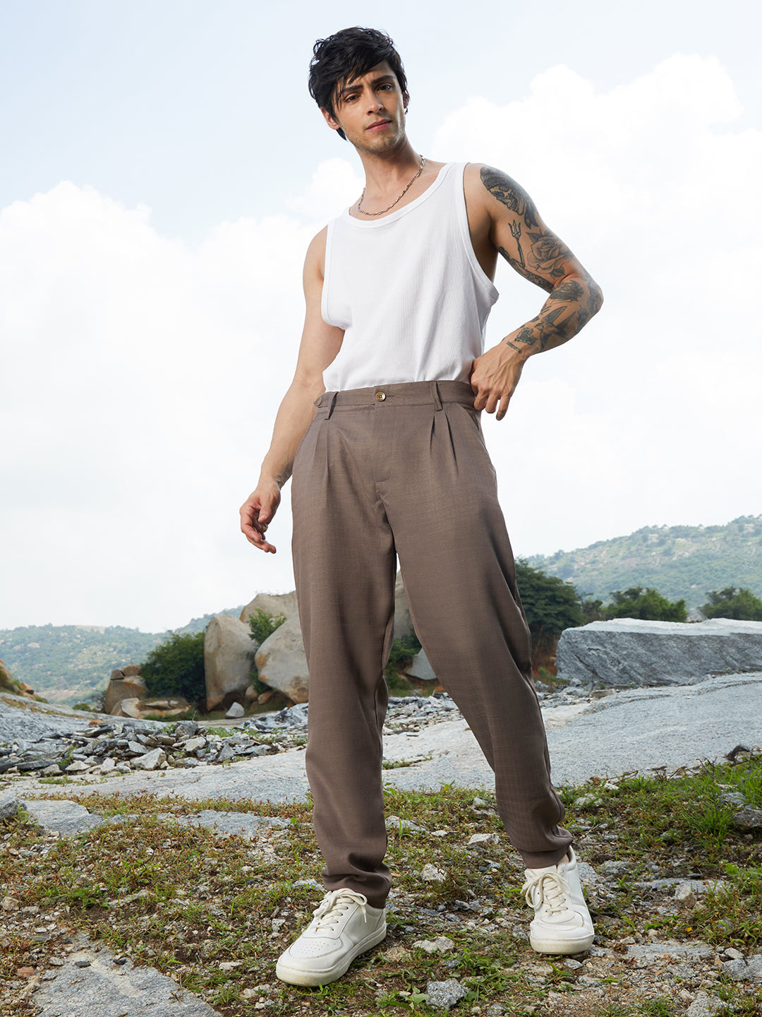 Mens Ash Brown Korean Tailored Trousers