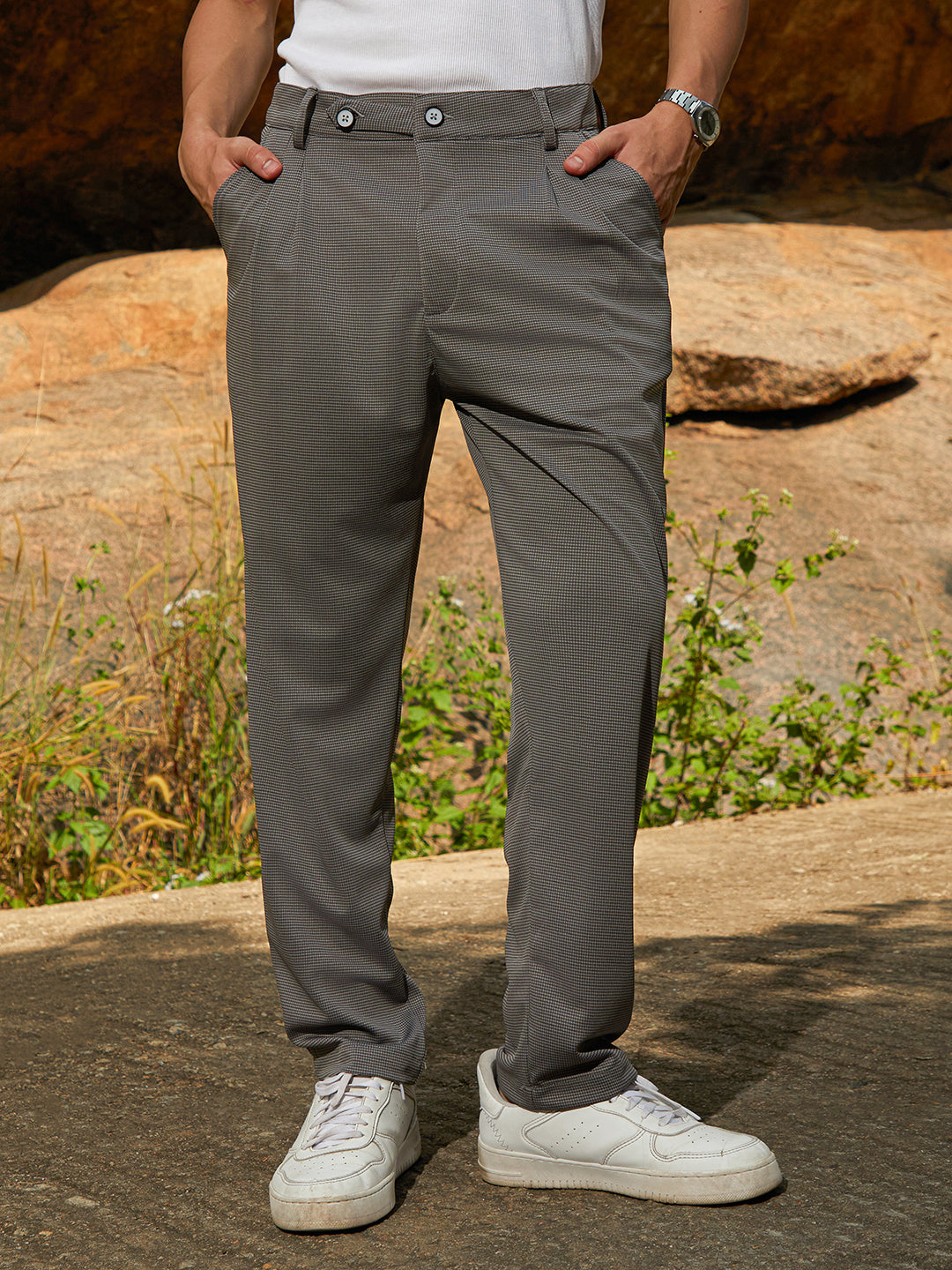 Mens Ash Grey Micro Check Chino Trousers