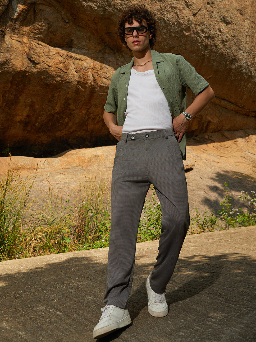 Mens Ash Grey Micro Check Chino Trousers