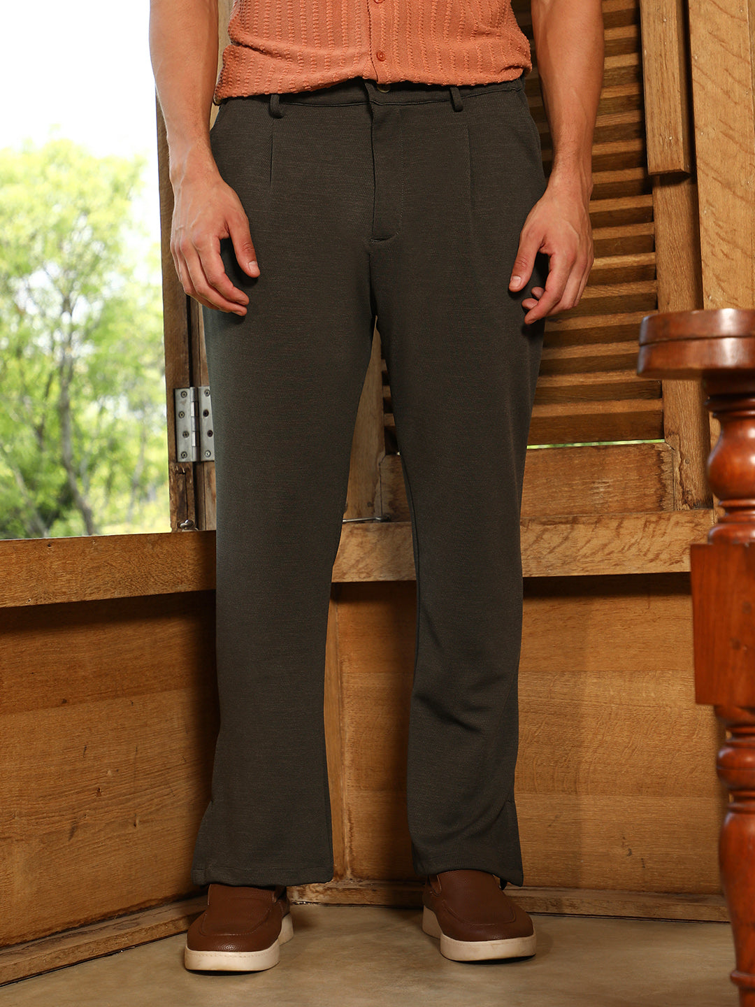 Mens Sacramento Green Micro Waffle Straight Leg Trousers