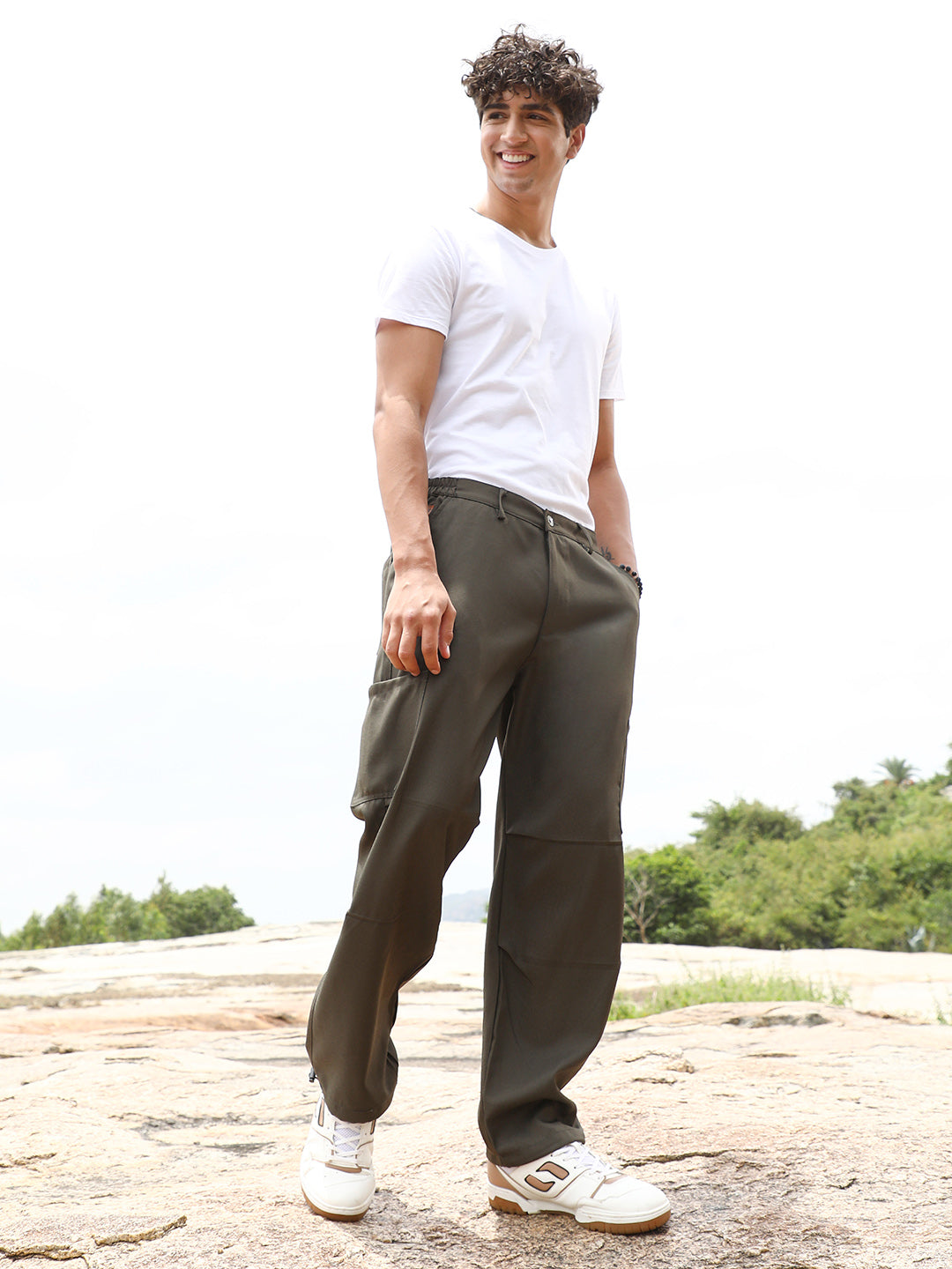 Mens Olive Green Utility Relaxed Trousers