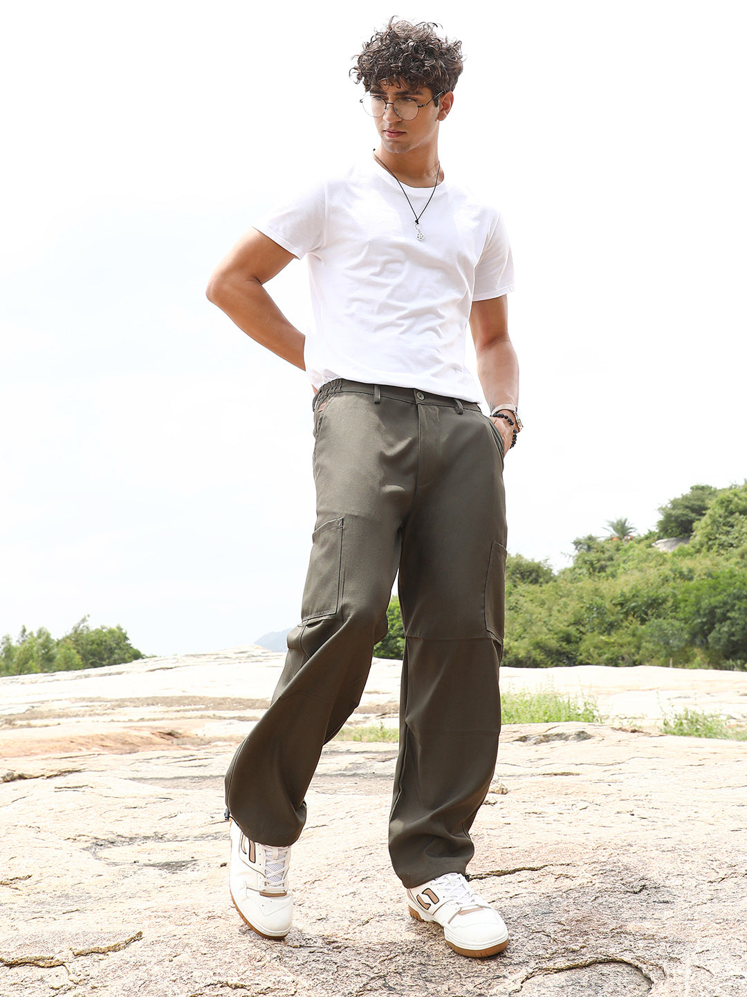 Mens Olive Green Utility Relaxed Trousers