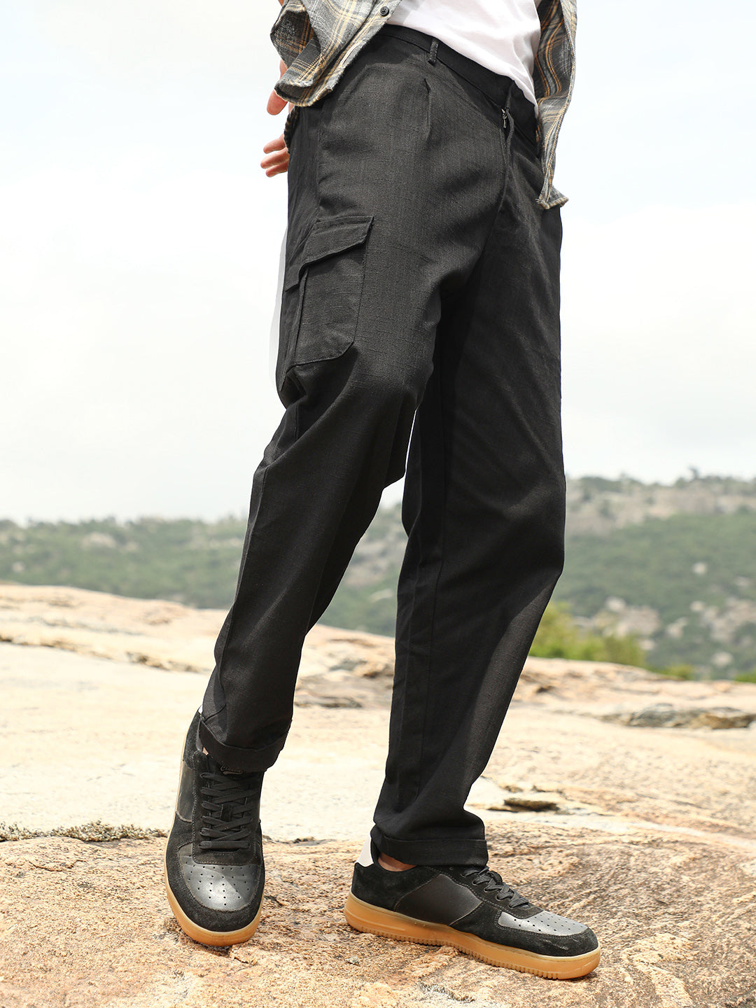 Mens Midnight Black Pleated Utility Tapered Trousers