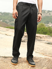 Mens Midnight Black Pleated Utility Tapered Trousers