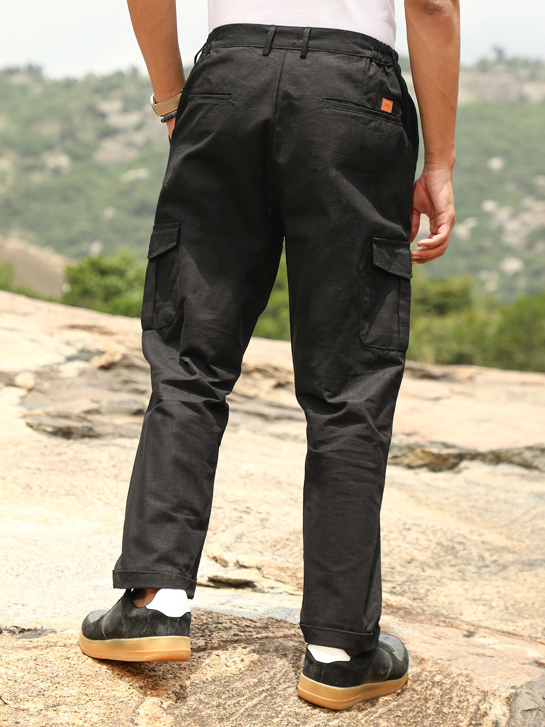 Mens Midnight Black Pleated Utility Tapered Trousers