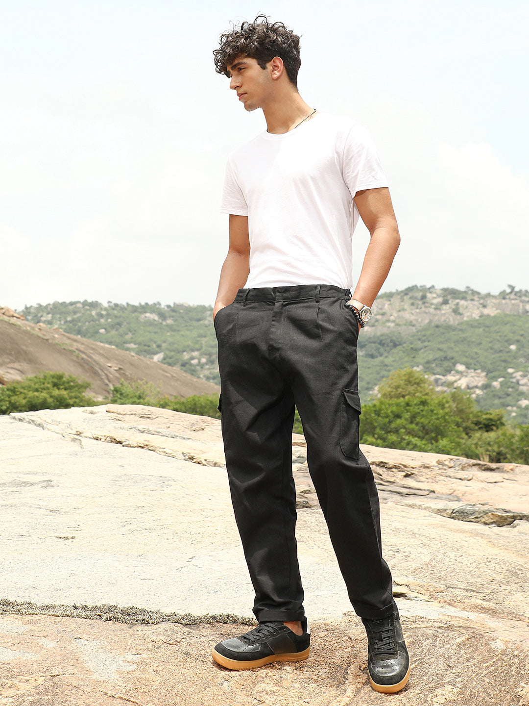 Mens Midnight Black Pleated Utility Tapered Trousers