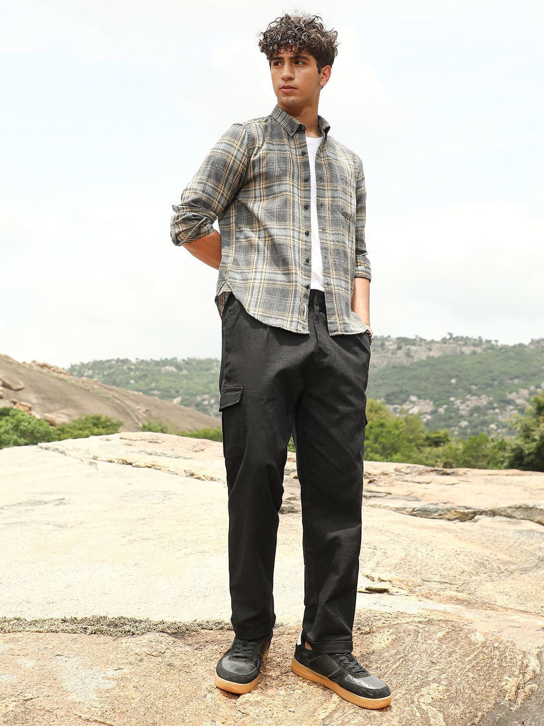 Mens Midnight Black Pleated Utility Tapered Trousers