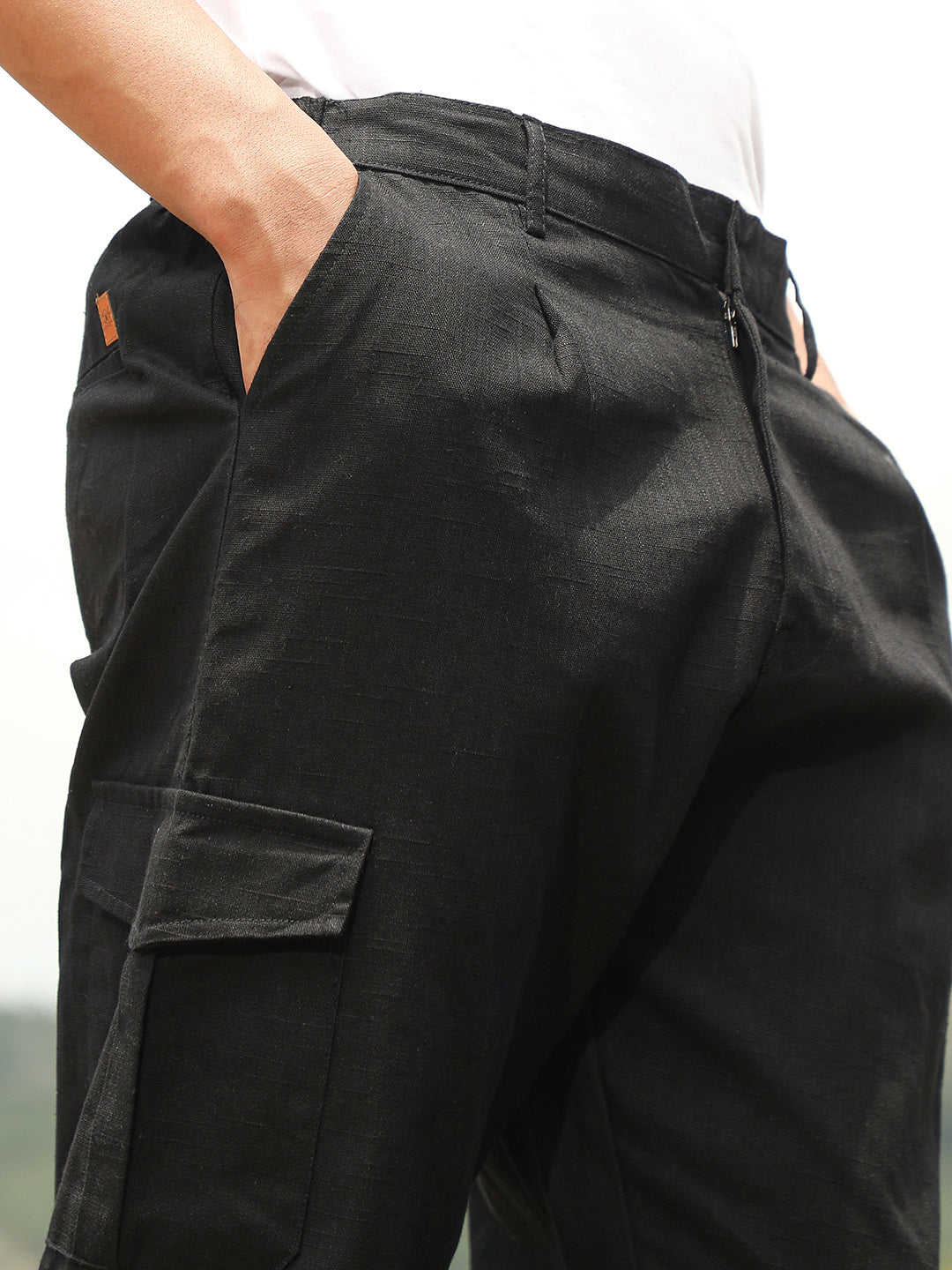 Mens Midnight Black Pleated Utility Tapered Trousers
