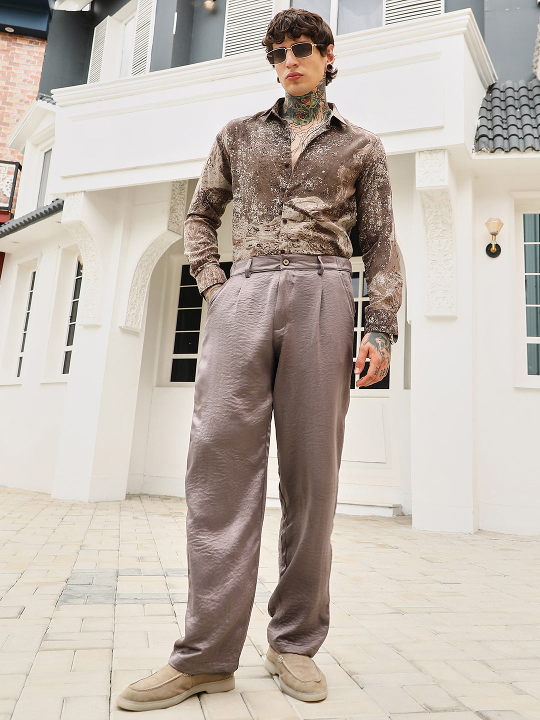 Mens Firewood Brown Creased Pleated Straight Trousers