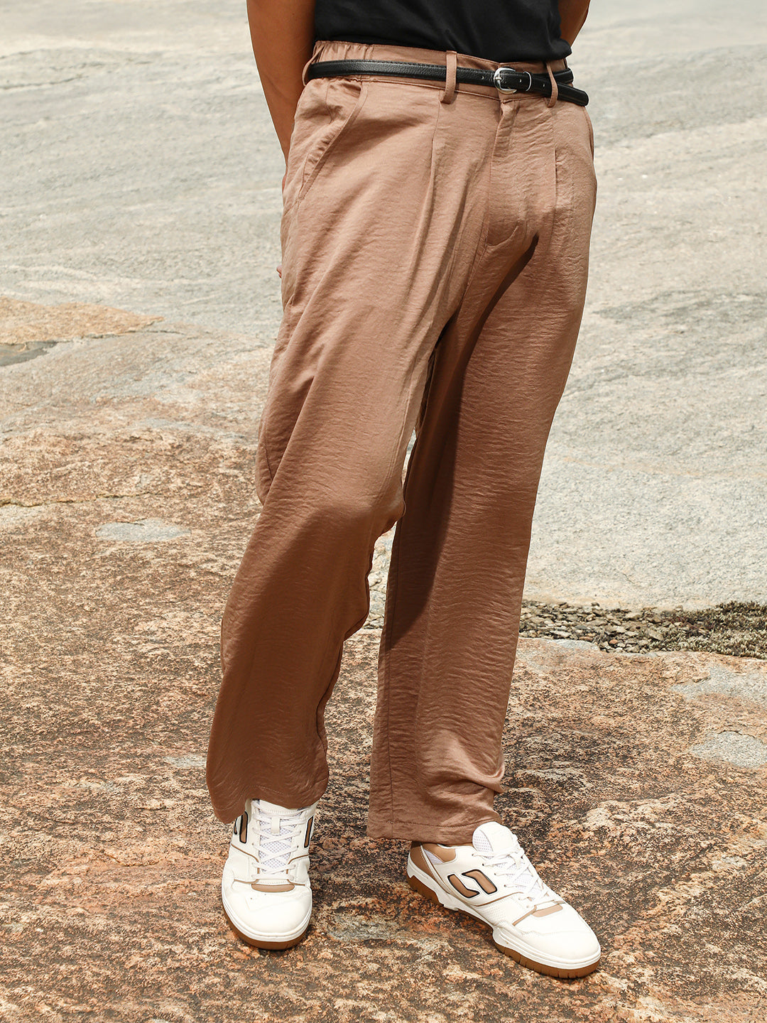 Mens Bronze Brown Creased Pleated Straight Trousers