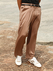 Mens Bronze Brown Creased Pleated Straight Trousers