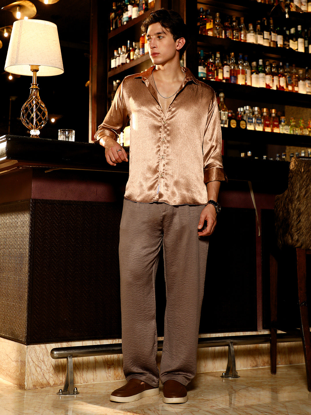 Mens Bronze Brown Creased Pleated Straight Trousers