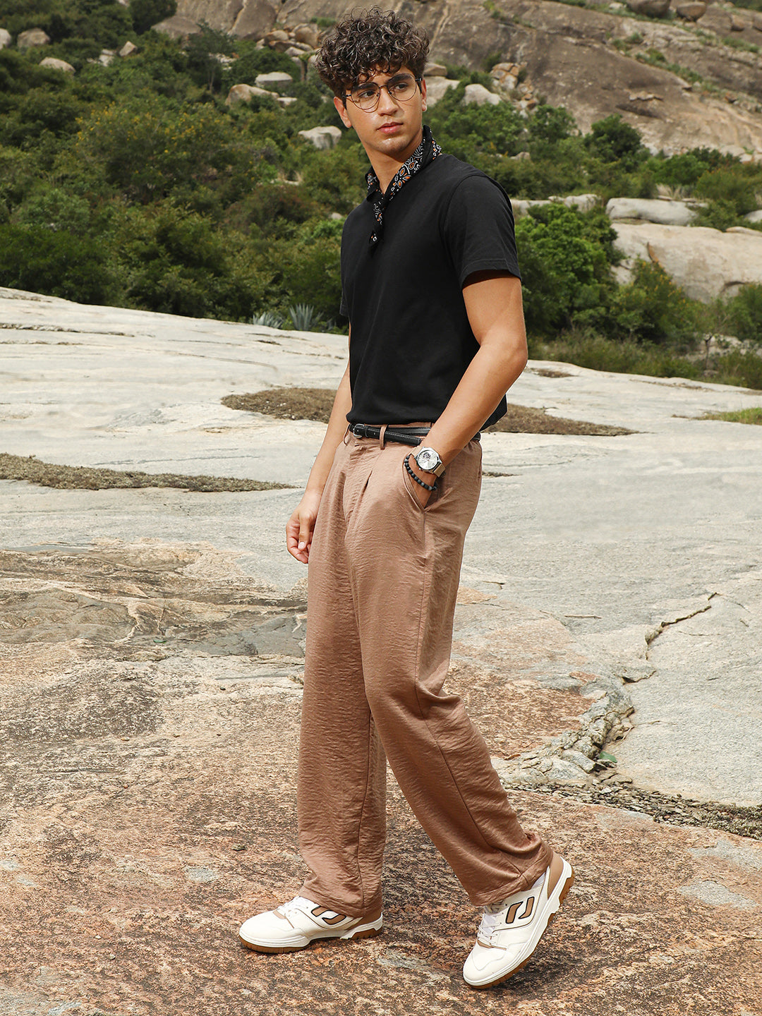 Mens Bronze Brown Creased Pleated Straight Trousers
