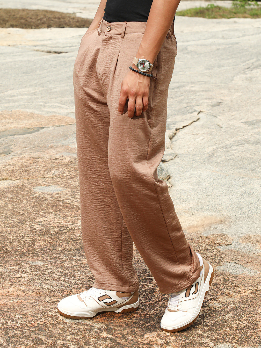 Mens Bronze Brown Creased Pleated Straight Trousers