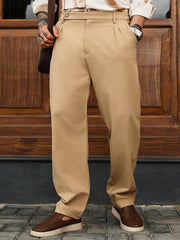 Mens Khaki Brown Extended Waistband Pleated Trousers