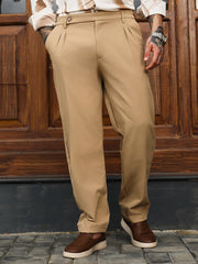 Mens Khaki Brown Extended Waistband Pleated Trousers