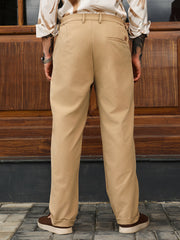Mens Khaki Brown Extended Waistband Pleated Trousers