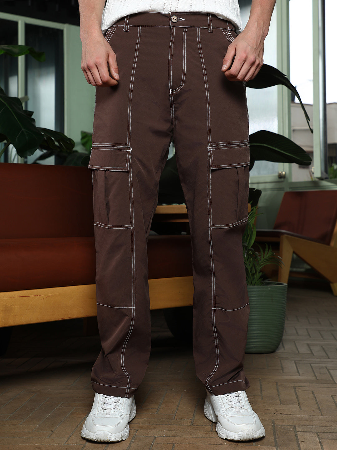Mens Chocolate Brown Contrast Stitch Utility Trousers