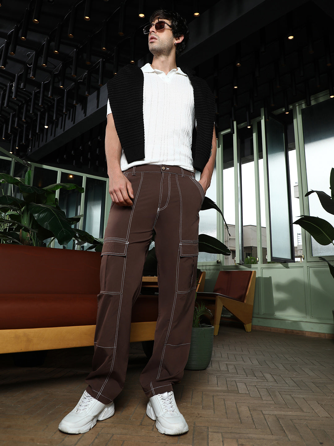 Mens Chocolate Brown Contrast Stitch Utility Trousers