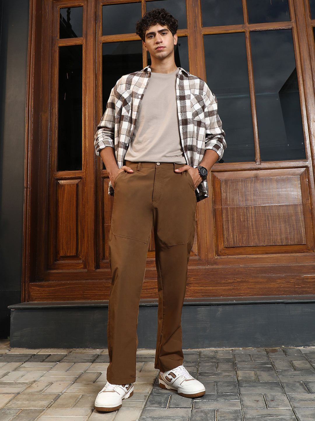 Mens Chocolate Brown Panelled Straight Fit Trousers