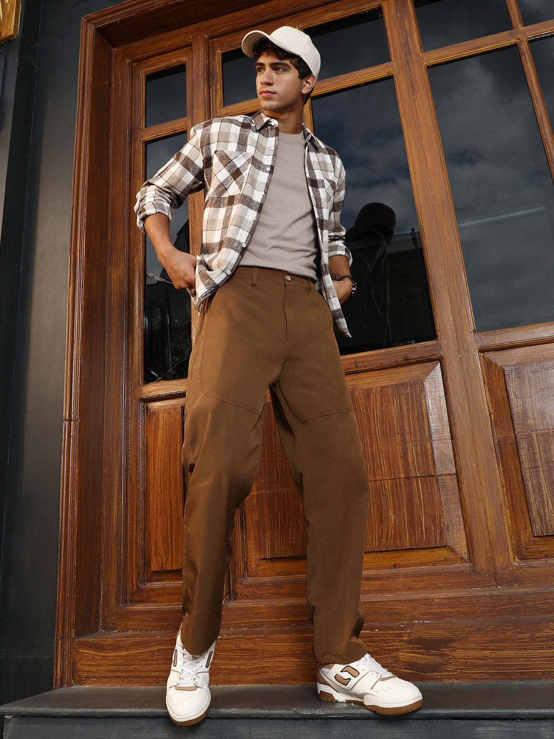 Mens Chocolate Brown Panelled Straight Fit Trousers