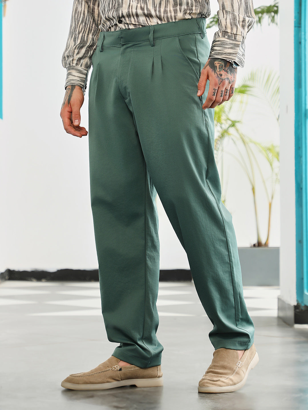 Mens Emerald Green Double Pleated Tailored Trousers
