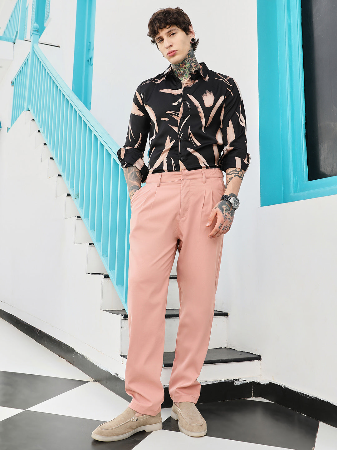 Mens Mauve Pink Double Pleated Tailored Trousers