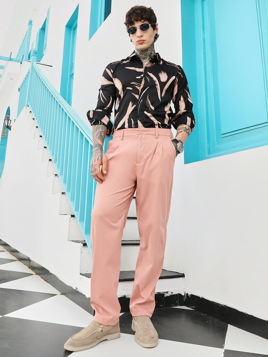 Mens Mauve Pink Double Pleated Tailored Trousers