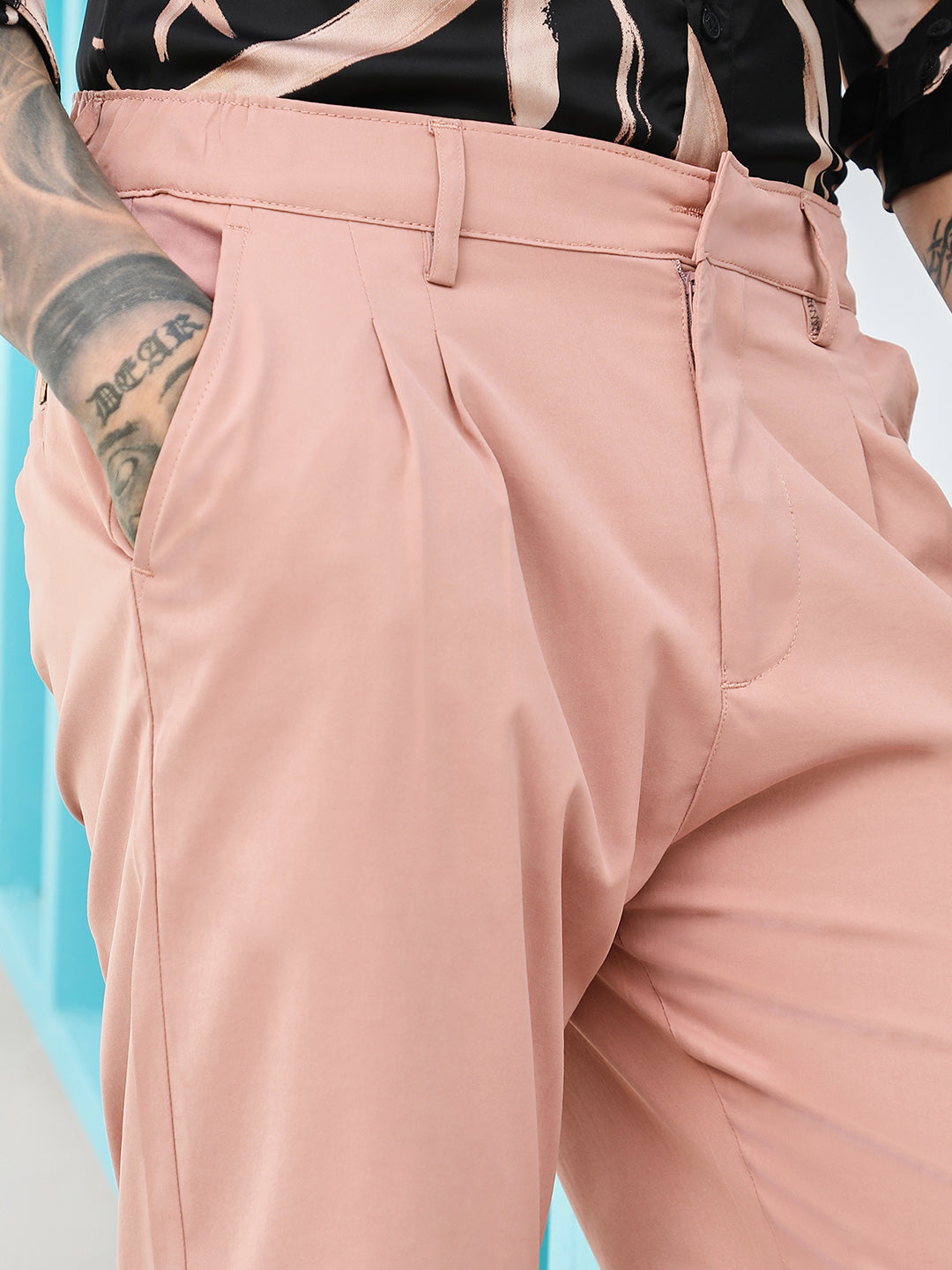 Mens Mauve Pink Double Pleated Tailored Trousers