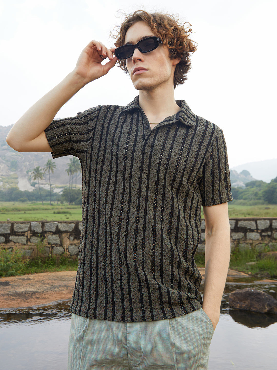 Tactile-Striped Polo T-Shirt