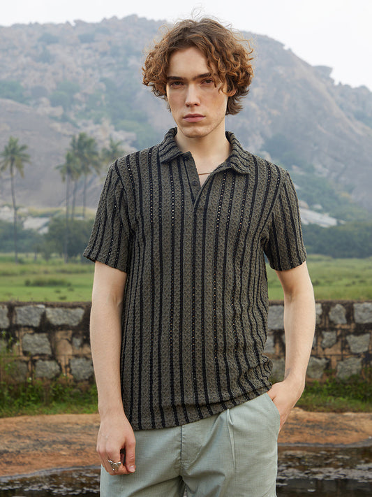 Tactile-Striped Polo T-Shirt