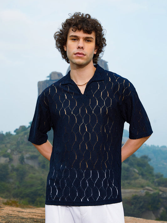 Campus Sutra - Honeycomb-Knit Polo T-Shirt (Copy)