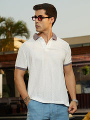 Contrast Open-Knit Polo T-Shirt