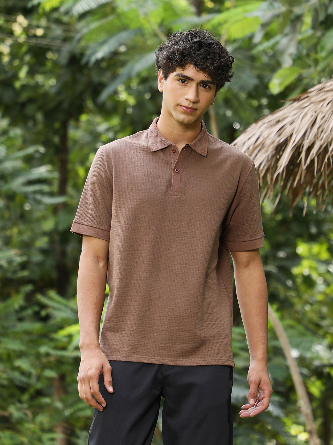 mens ash brown seersucker jacquard polo t shirt