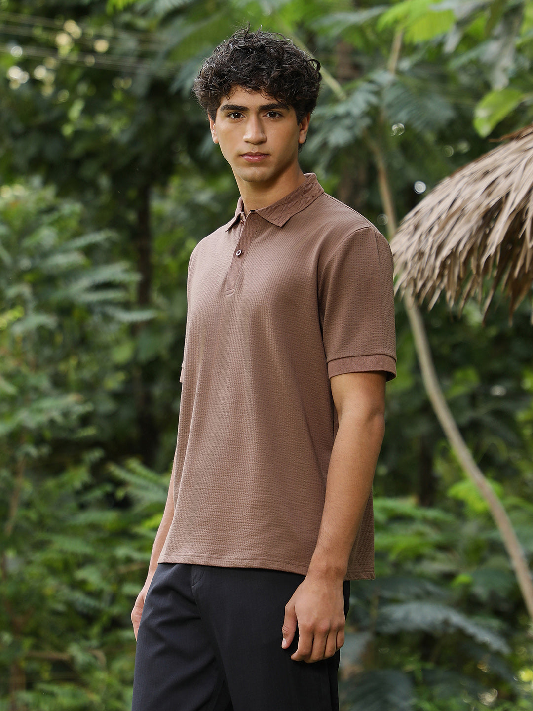 mens ash brown seersucker jacquard polo t shirt