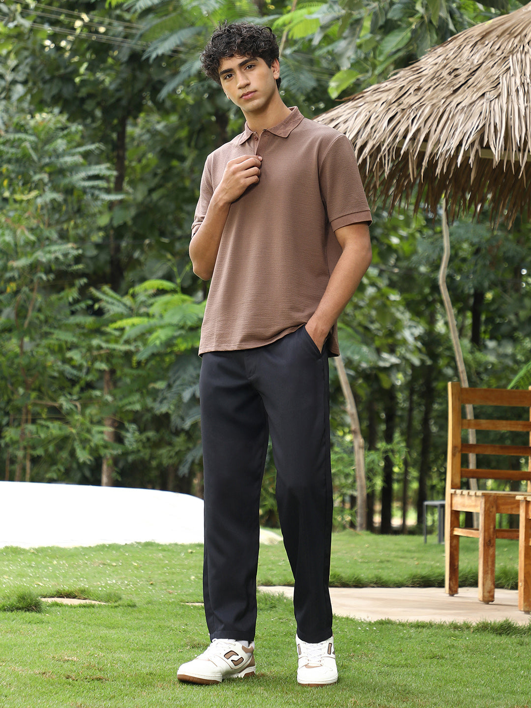 mens ash brown seersucker jacquard polo t shirt