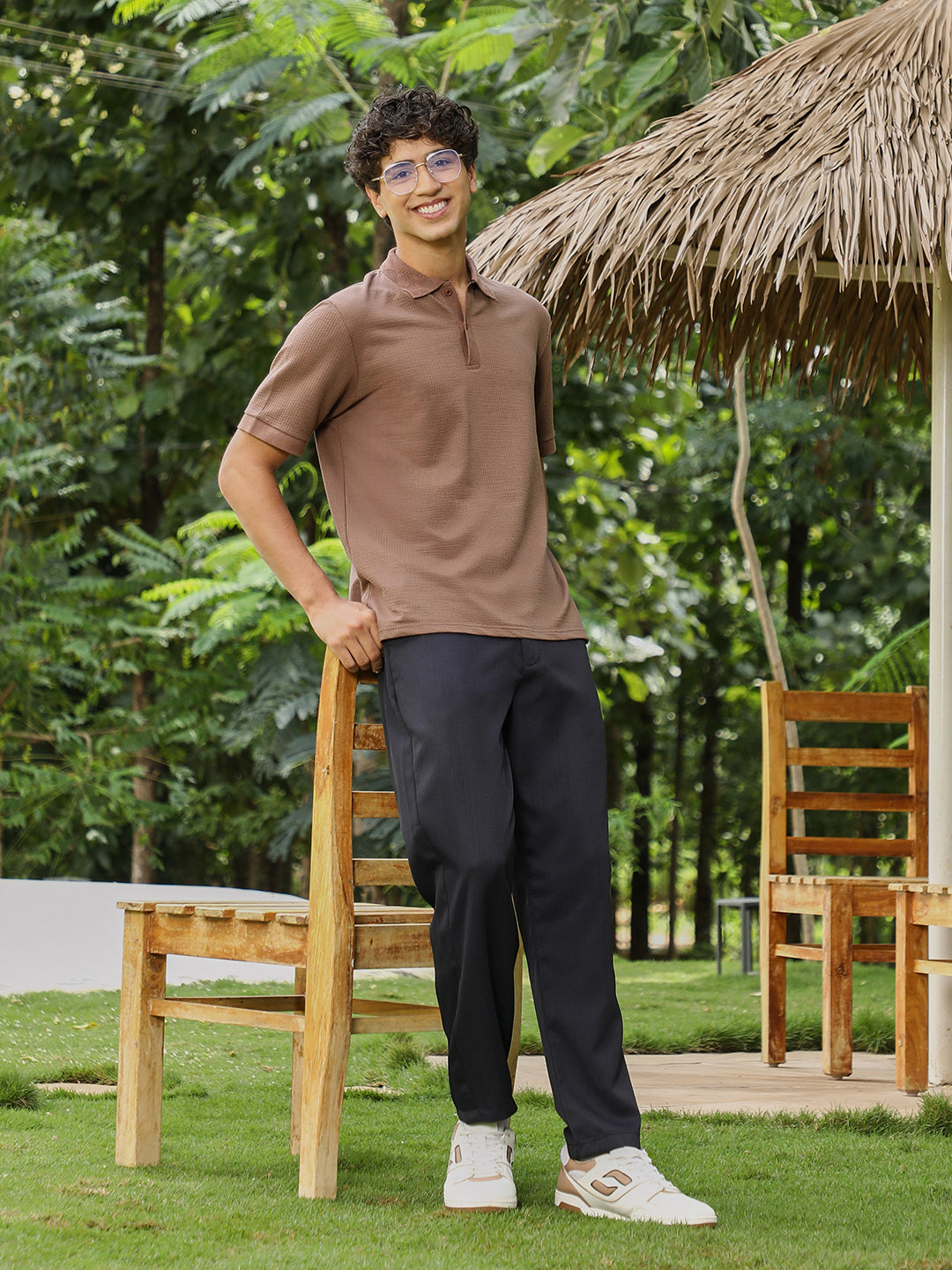 mens ash brown seersucker jacquard polo t shirt