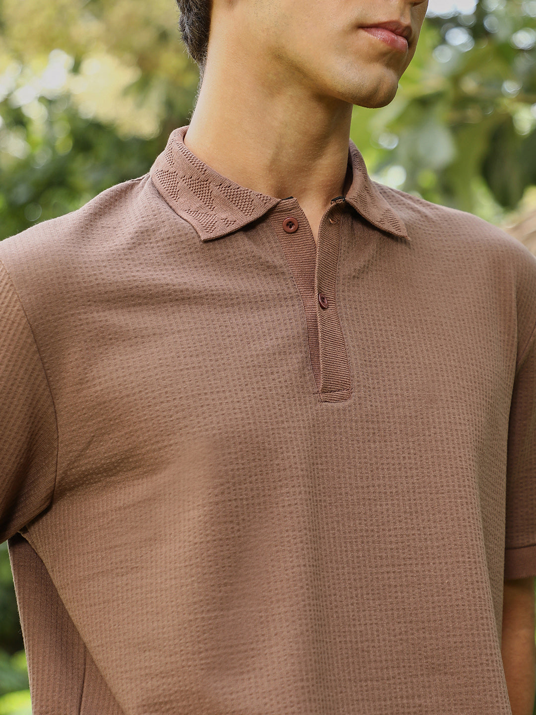mens ash brown seersucker jacquard polo t shirt