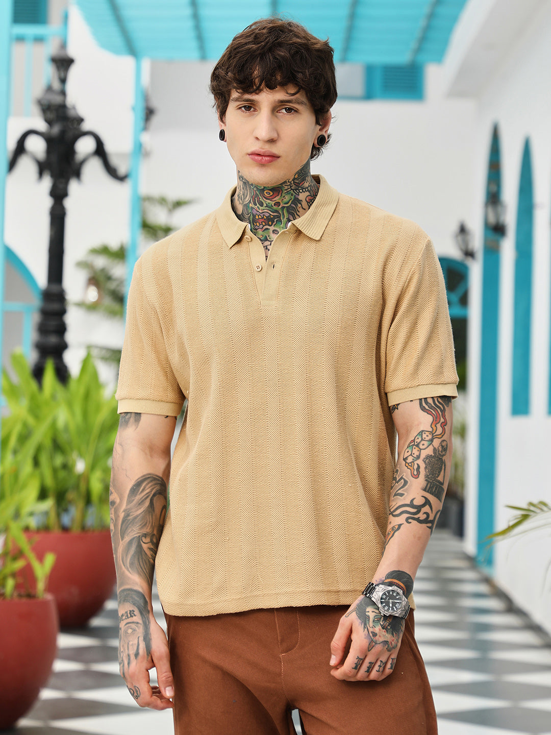 mens khaki beige candy stripe knitted polo t shirt