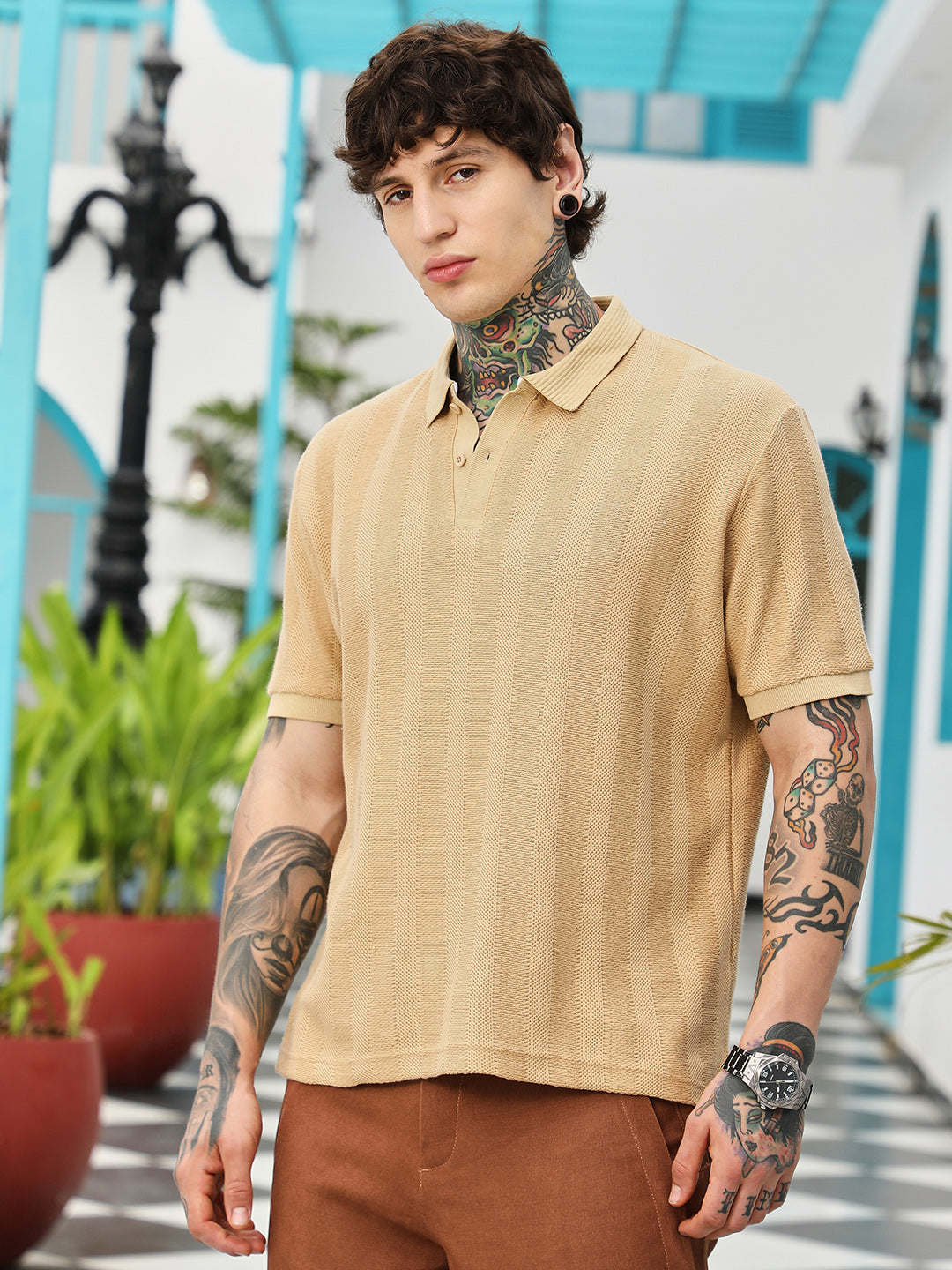 mens khaki beige candy stripe knitted polo t shirt