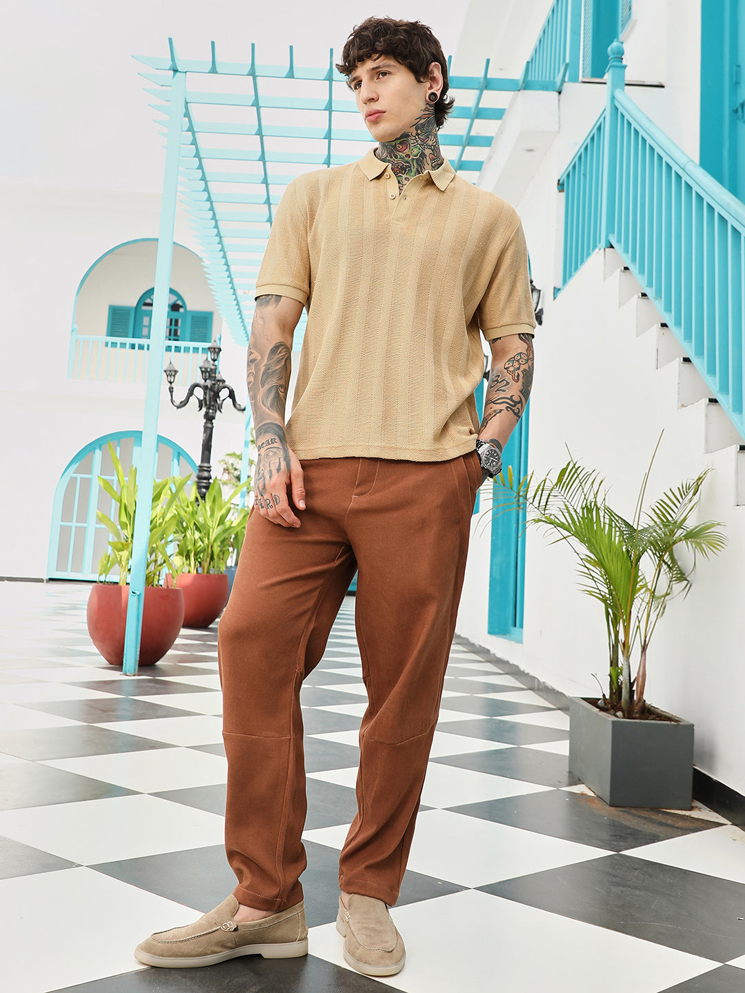 mens khaki beige candy stripe knitted polo t shirt