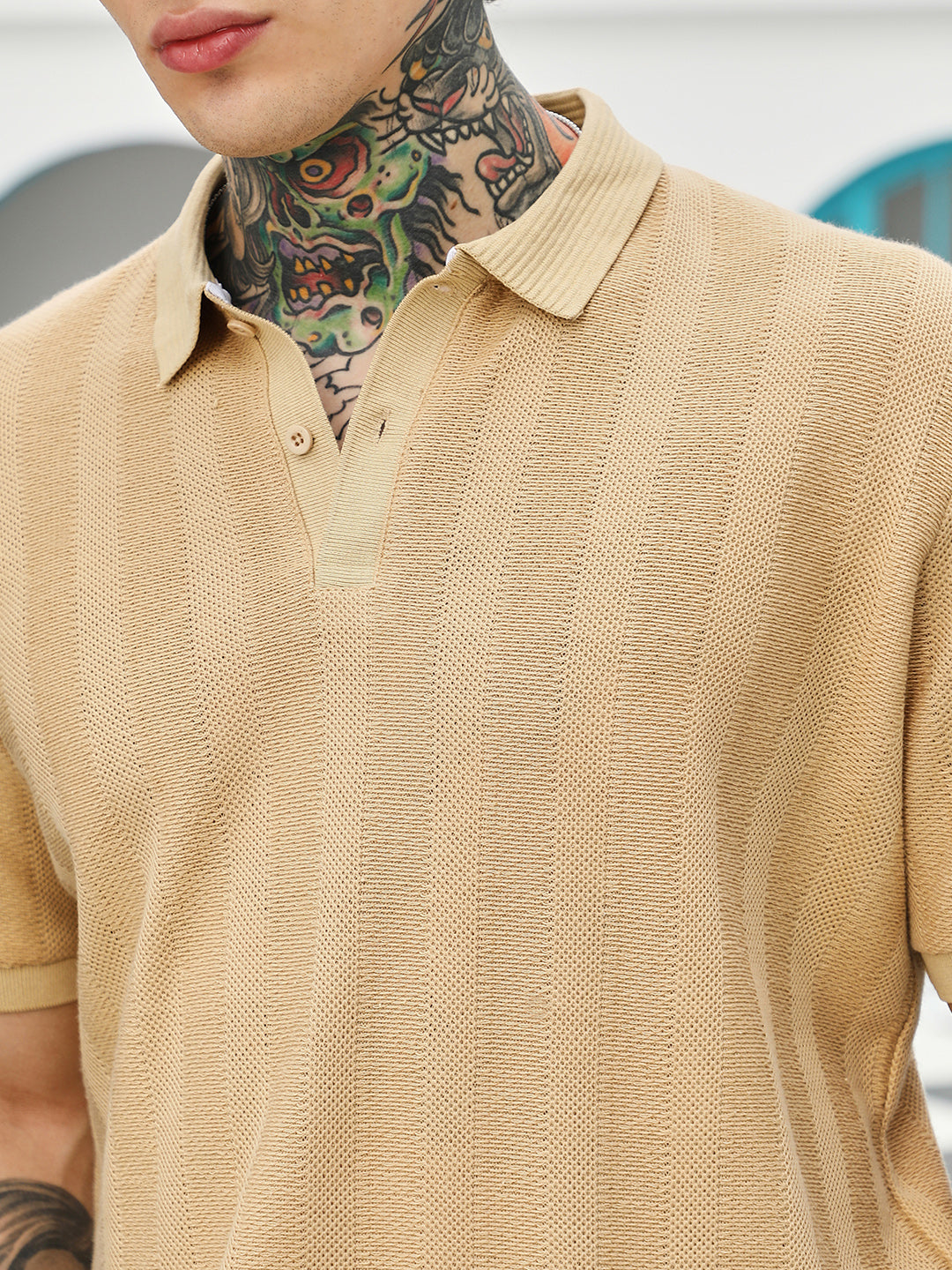 mens khaki beige candy stripe knitted polo t shirt